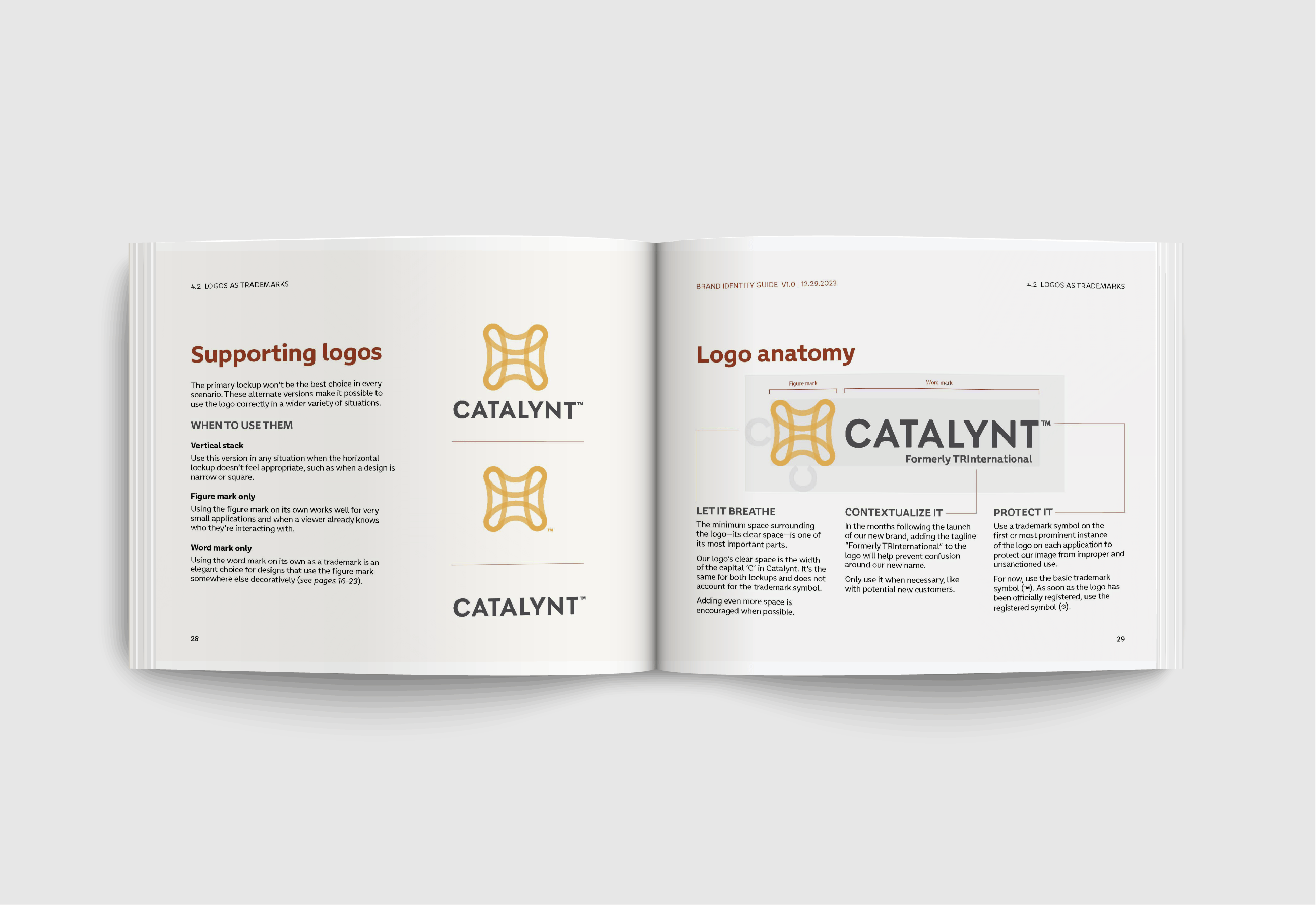 Inside spread of booklet explaining the usages of the Catalynt logo