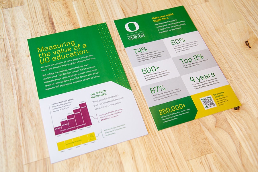 A paper flyer on a table with a headline reading “Measuring the value of a UO education.”