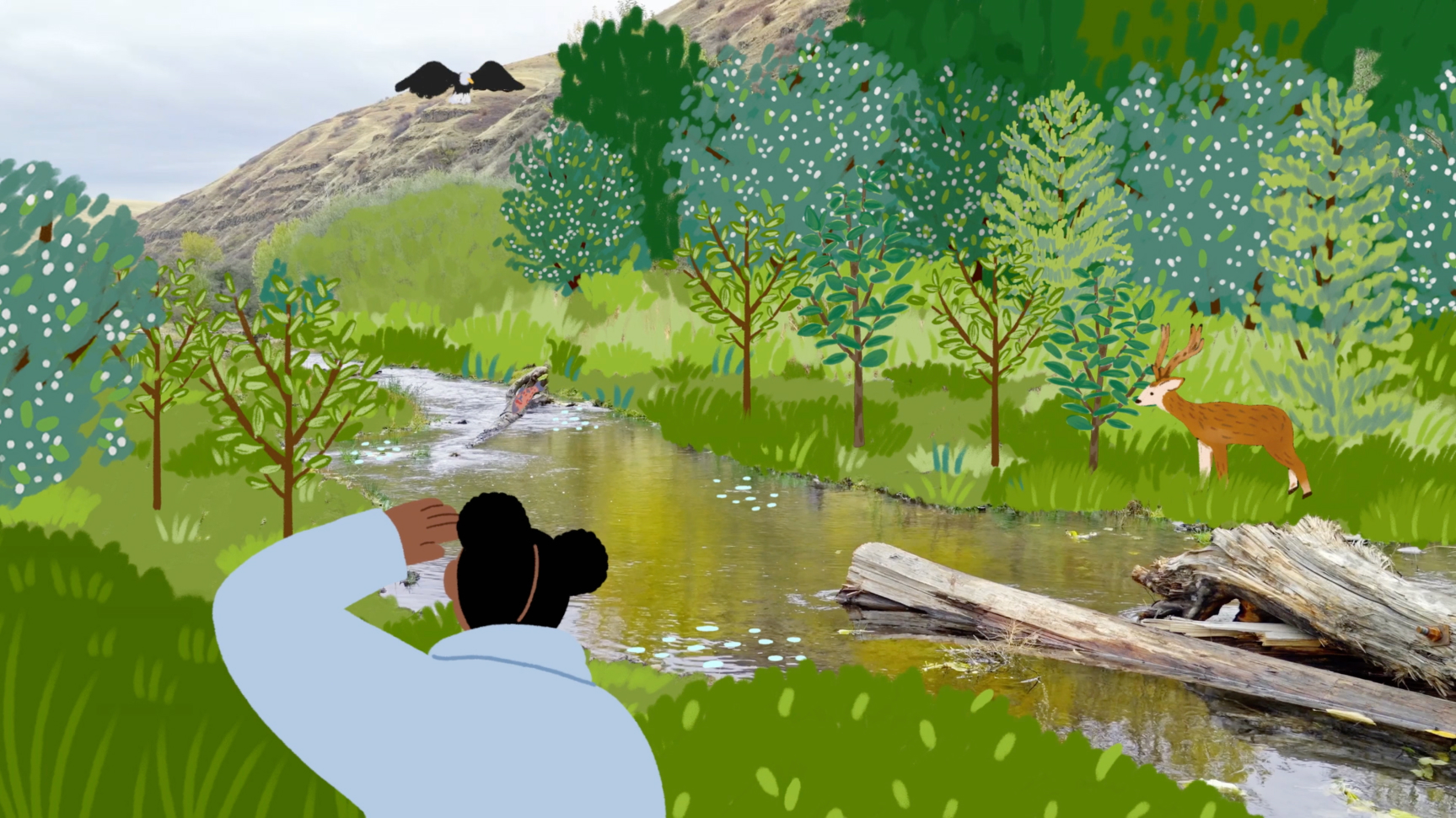 A person with their hair in two buns gazes at a stream. The scene features dense greenery with flowering trees and shrubs. A deer stands to the right, nibbling on leaves, while a bird flies above against a hilly backdrop. Fallen logs rest across the clear water.