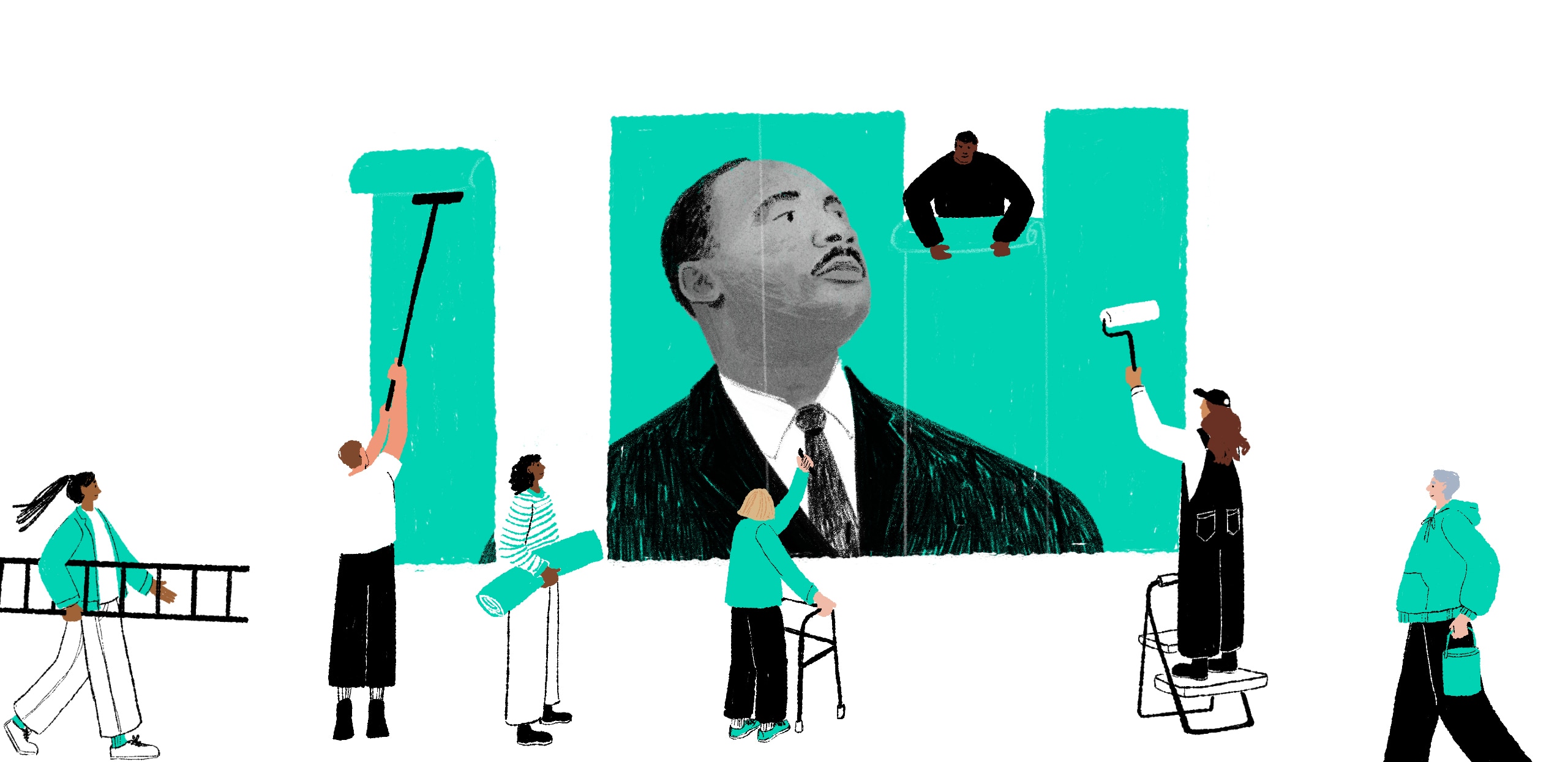 An illustration of a group of people reflecting on dei by painting a mural of civil rights leader Dr. Martin Luther King Jr.