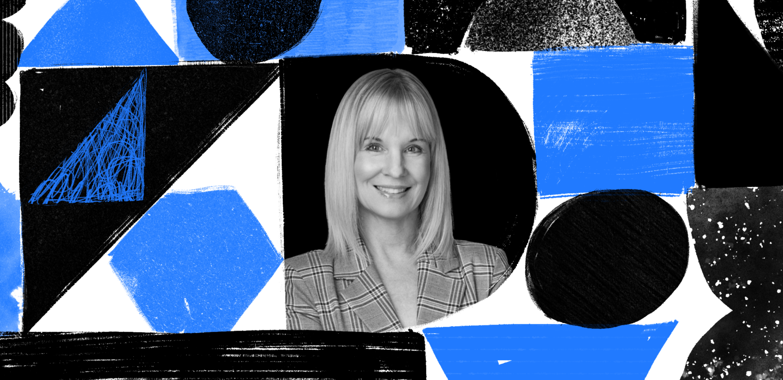 A black-and-white portrait of a smiling woman is set against an illustrated background of abstract shapes and textures in black, white and blue.