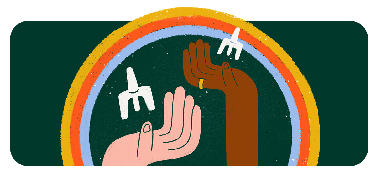 An illustration of two outstretched hands reaching upward with three white nasal naloxone spray devices. A rainbow of red, orange, yellow and blue arcs surrounds the background.