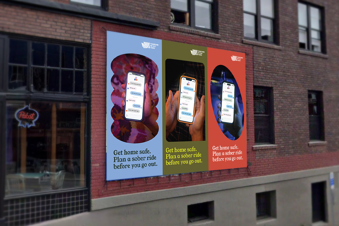 060425_WTSC_DUI_Billboard Mockup An image of a poster on the outside wall of a building reads, "Get home safe. Plan a sober ride before you go out." The poster shows the hands of people using smartphones to texting a friend for a ride and the use a rideshare app.