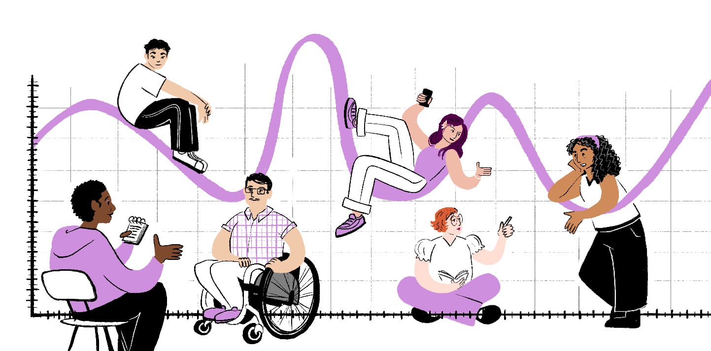 DH_Megan_research_blog An illustration of a wavy purple line graph with people of various ages, skin colors and body types in black white and purple outfits sitting on/around the graph interacting with each other.