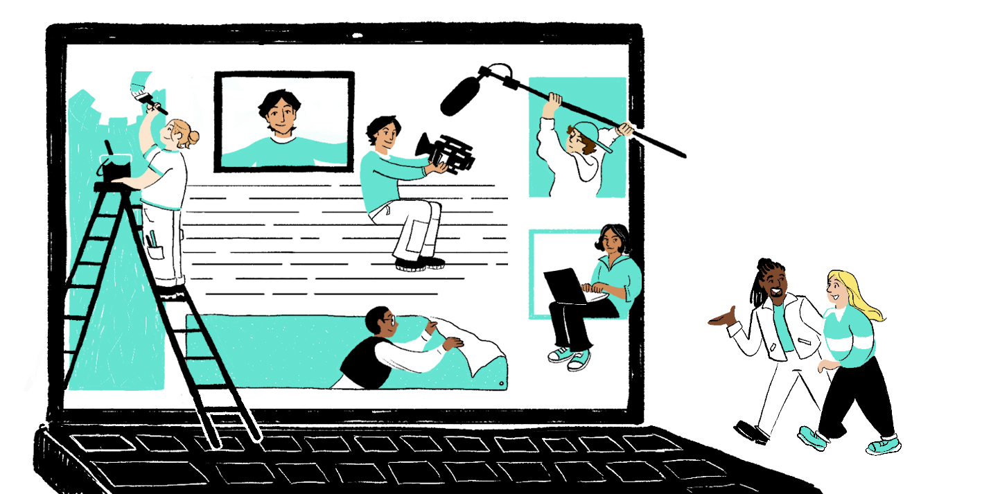 DHBlog_MediaBuy_Header_Image An illustration of people collaboratively building a webpage inside a laptop screen. One person stands on a ladder to paint the background. Others film with a camera, hold a boom mic, work on a laptop, and put up a banner. Two people outside the laptop walk and talk together.