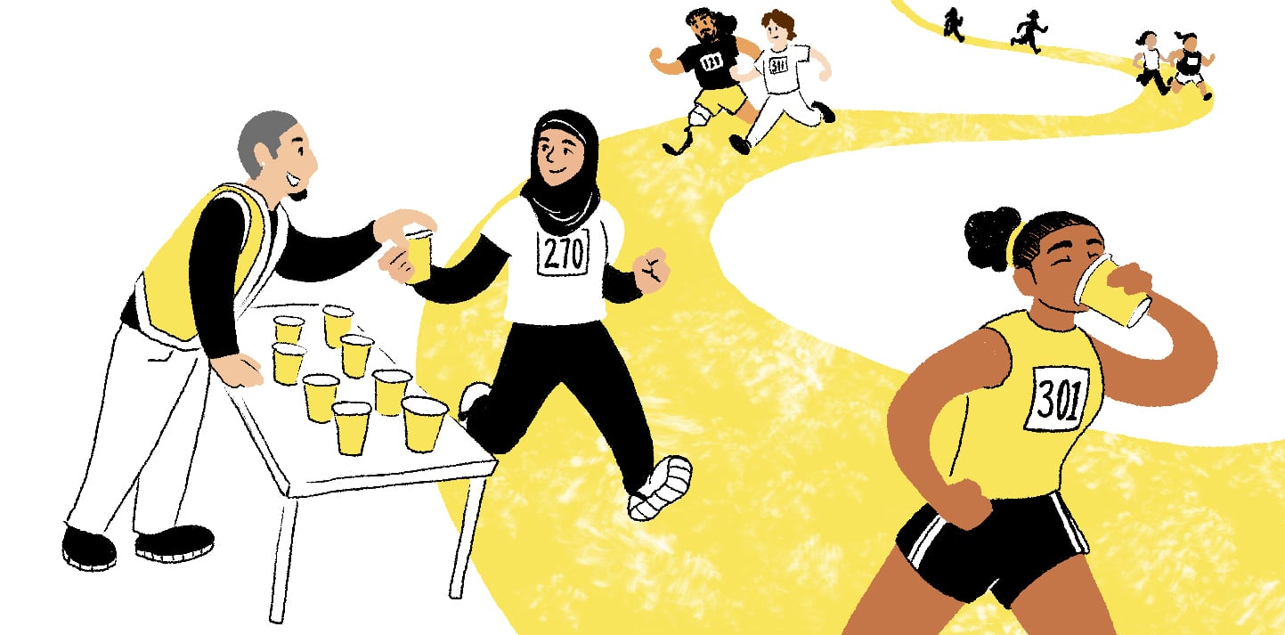 DH_DEI_Blog_2 An illustration in a yellow, white and black color palette shows a diverse group of runners on a curving path. In the foreground, a dark-skinned runner wearing a yellow tank top and black shorts drinks from a cup, their hair pulled back in a ponytail. At left, a volunteer with light skin, wearing a yellow vest, hands a cup to a runner with medium-brown skin wearing a black hijab, white shirt and black pants. Farther back, more runners move along the path, including one using a prosthetic leg.