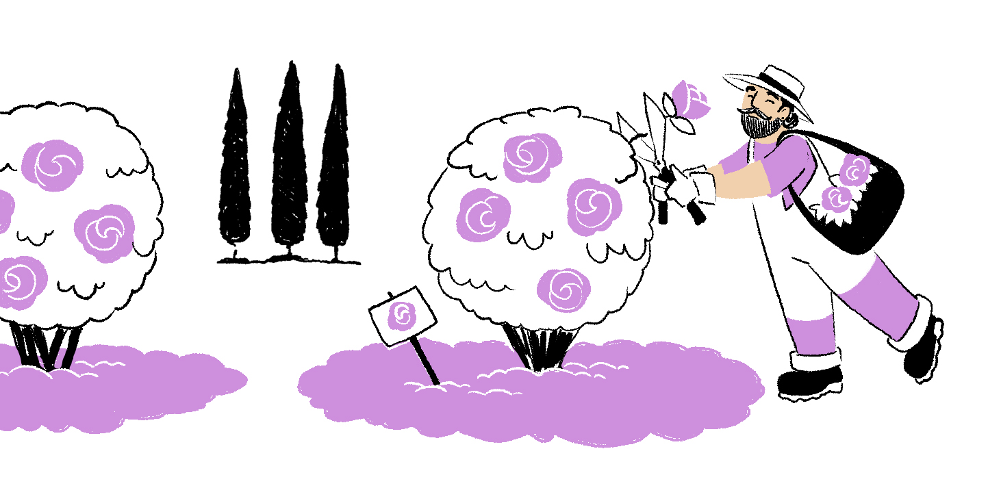 DH_Plain_Language_blog.png An illustration in a color palette of orchid, white and black. A smiling gardener with light skin, a beard and a wide-brimmed hat trims a round flowering shrub, clipping off a stylized bloom with shears. He’s wearing a bag on his shoulder with two blooms emerging from the opening.