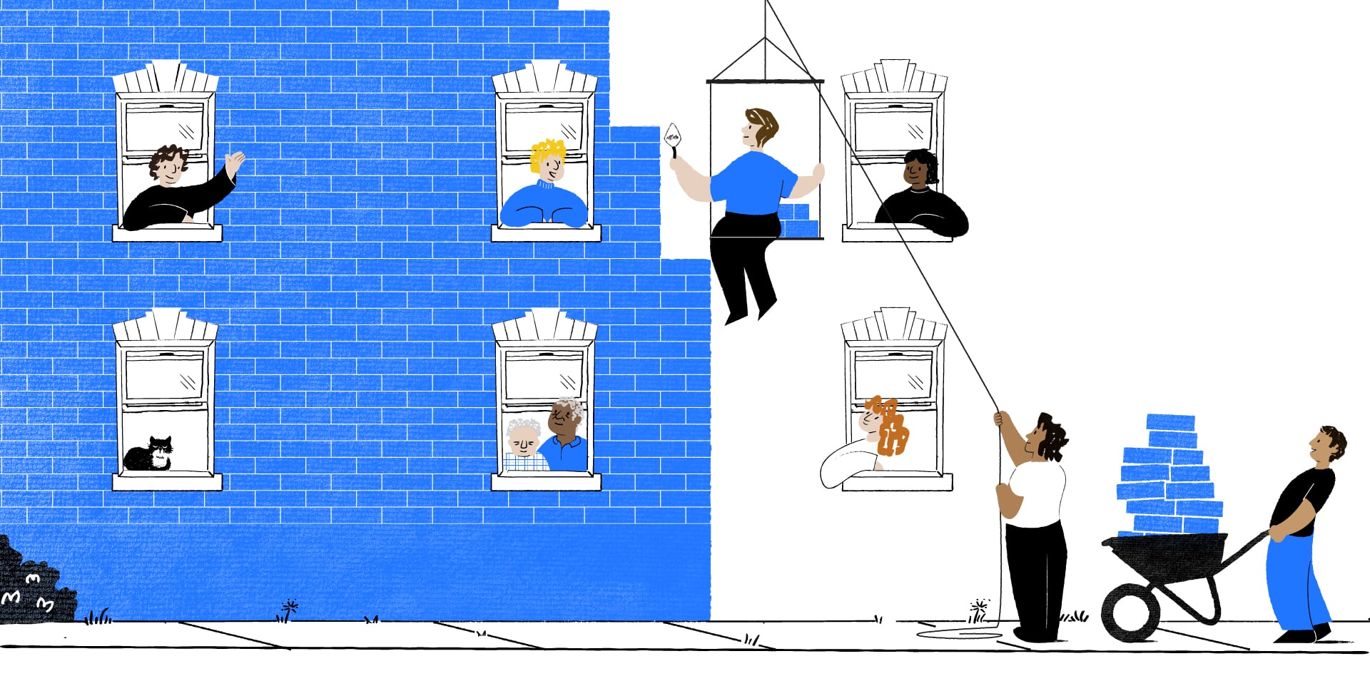 Illustration of neighbors leaning out the windows of a blue brick building while workers haul and lay bricks to extend the wall.