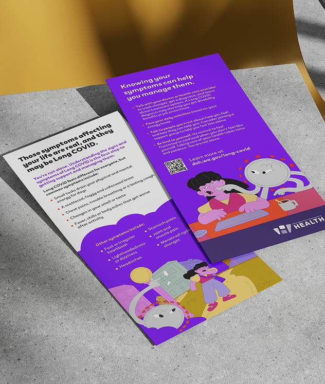 A photo of two rack cards on a tabletop. The headers on the rack cards read, “These symptoms affecting your life are real, and they may be Long COVID” and “Knowing your symptoms can help you manage them.” 