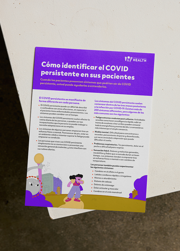 A photo of an informational flyer on a tabletop. The header reads, “How to identify Long COVID in your patients.” in Spanish. 