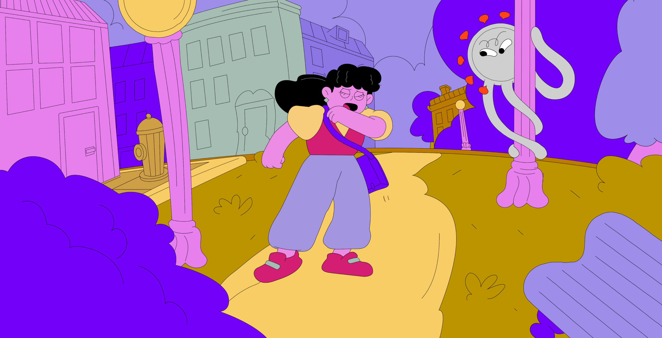 An illustration shows a woman walking in an urban park setting. She has stopped to cough into her elbow. A shapeshifting that represents Long COVID spies on her nearby, with its tentacles wrapped around a lamppost. The creature is gray and has red nodules on its head.