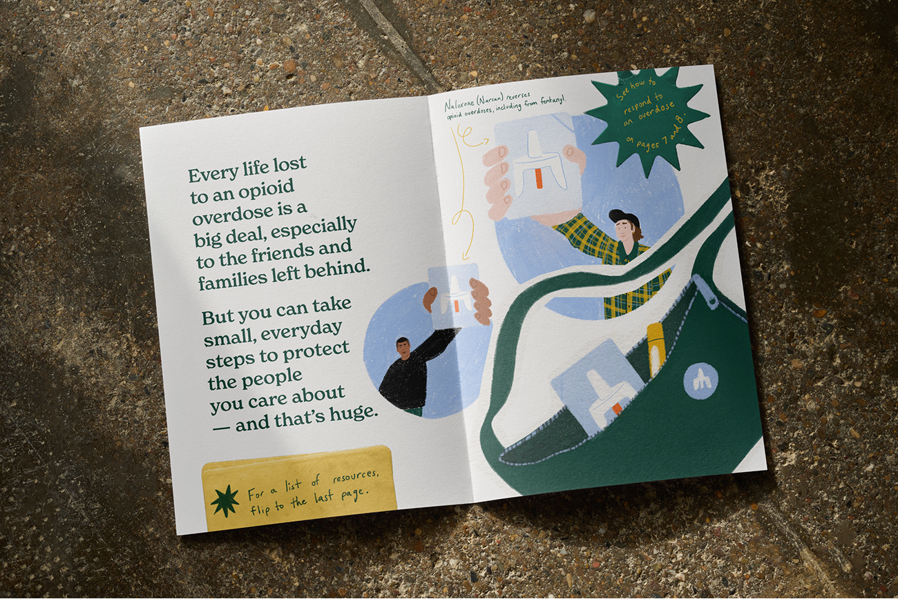  Open illustrated overdose prevention zine on concrete explaining how opioid overdose affects friends and families and how small steps can help protect loved ones.